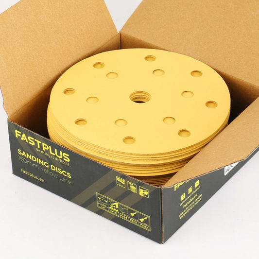 6 inch 15 hole yellow sanding discs hook and loop 50 pack