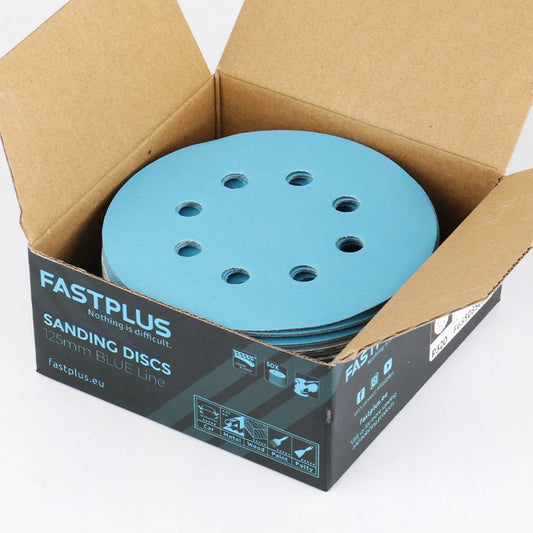 Blue 5 inch sanding discs with 8 hole hook and loop backing 50 pack for wood and metal finishing