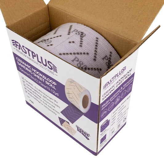 Ceramic hook and loop sanding sheet roll 2.75 inch x 13 ft with multi‑hole pattern for dust extraction