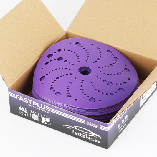 Purple 6 inch ceramic film sanding discs with multi‑hole hook and loop backing 50 pack