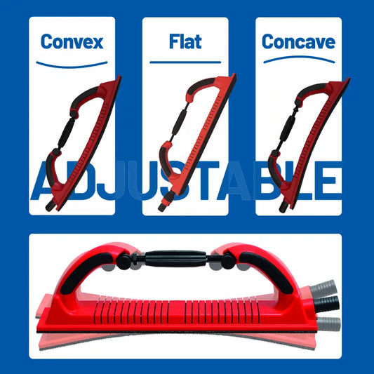 Adjustable hand sanding block with convex, flat, and concave labels on a blue background