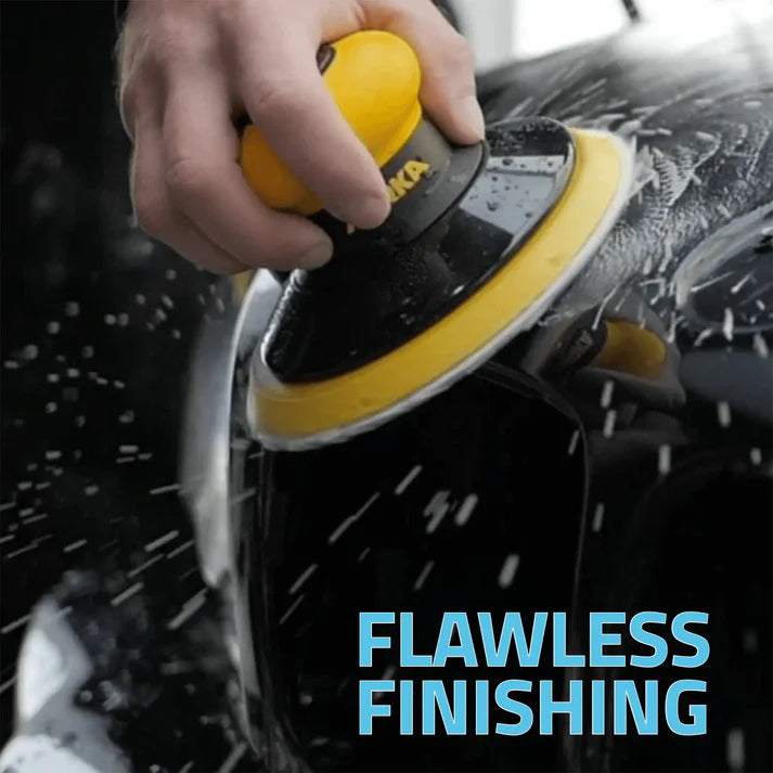 Person using a Mirka sander on a car with 'Flawless Finishing' text.