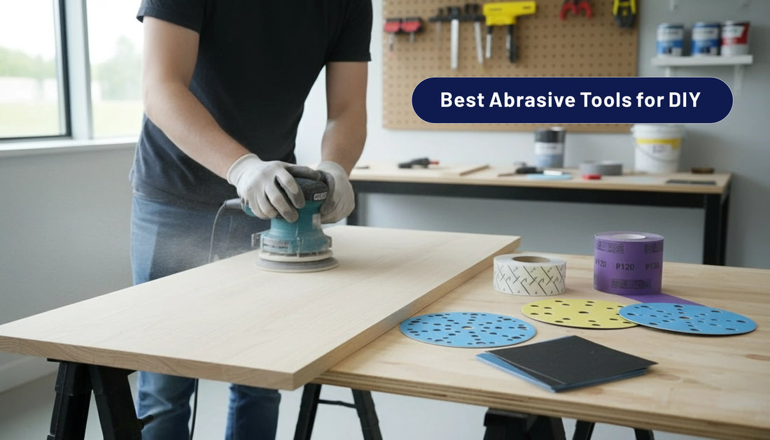 Person using orbital sander on wood with FastPlus sanding discs for home improvement - fastplus.us