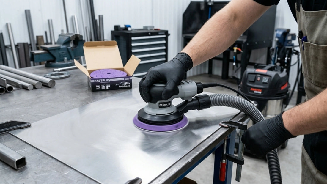 Technician using DA sander on brushed stainless steel surface - FastPlus Abrasives USA