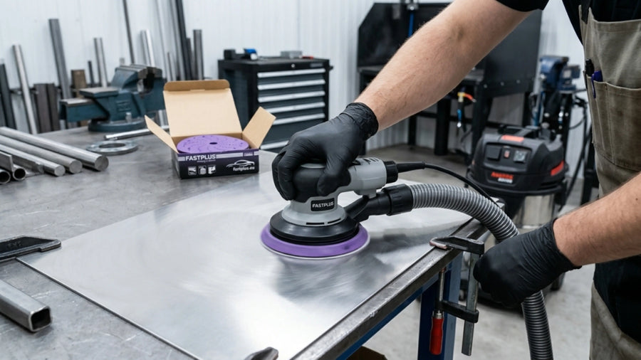 Technician using DA sander on brushed stainless steel surface - FastPlus Abrasives USA