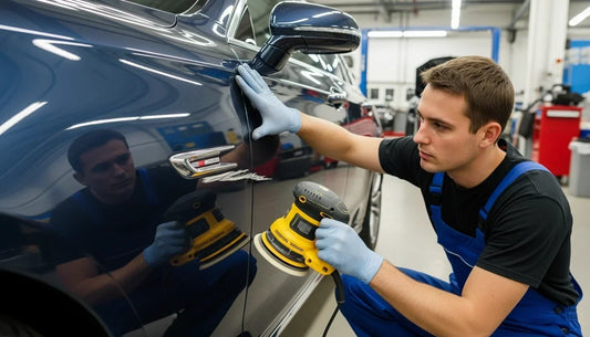 Technician using DA polisher for spot repair and touch-up paint blending on car door - FastPlus Abrasives USA