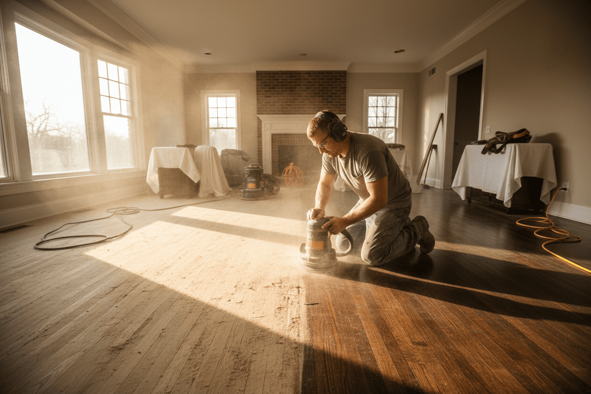 Professional sanding hardwood floors with orbital sander in residential room - FastPlus Abrasives USA