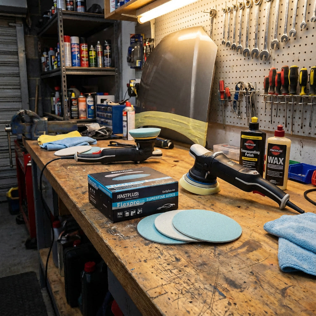 Workbench in a garage with 6 inch fastplus foam discs, car care products and tools