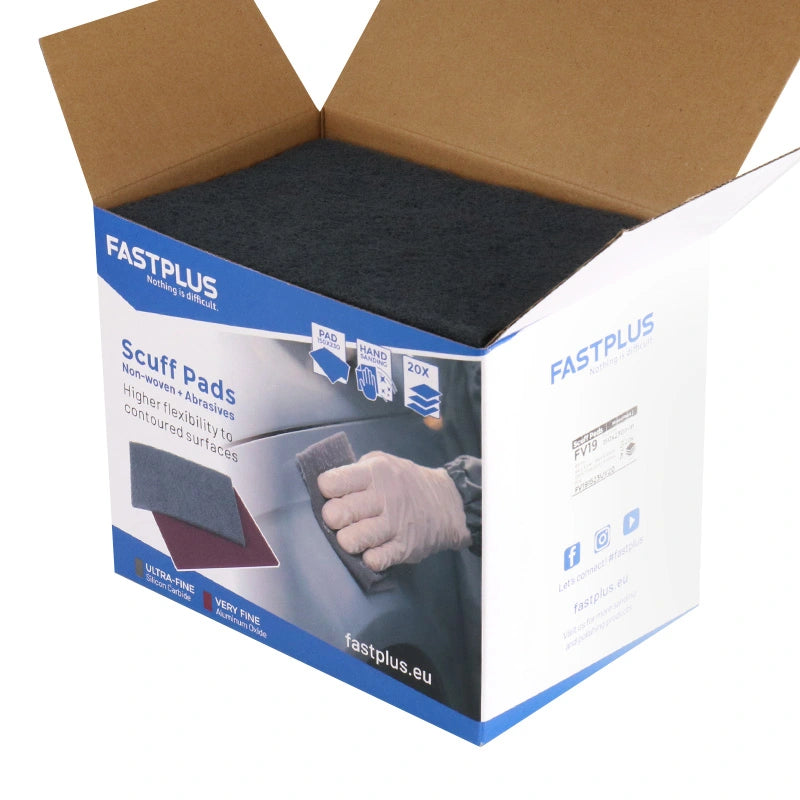 Box of Fastplus scuff pads with a hand wearing a glove holding a scuff pad.