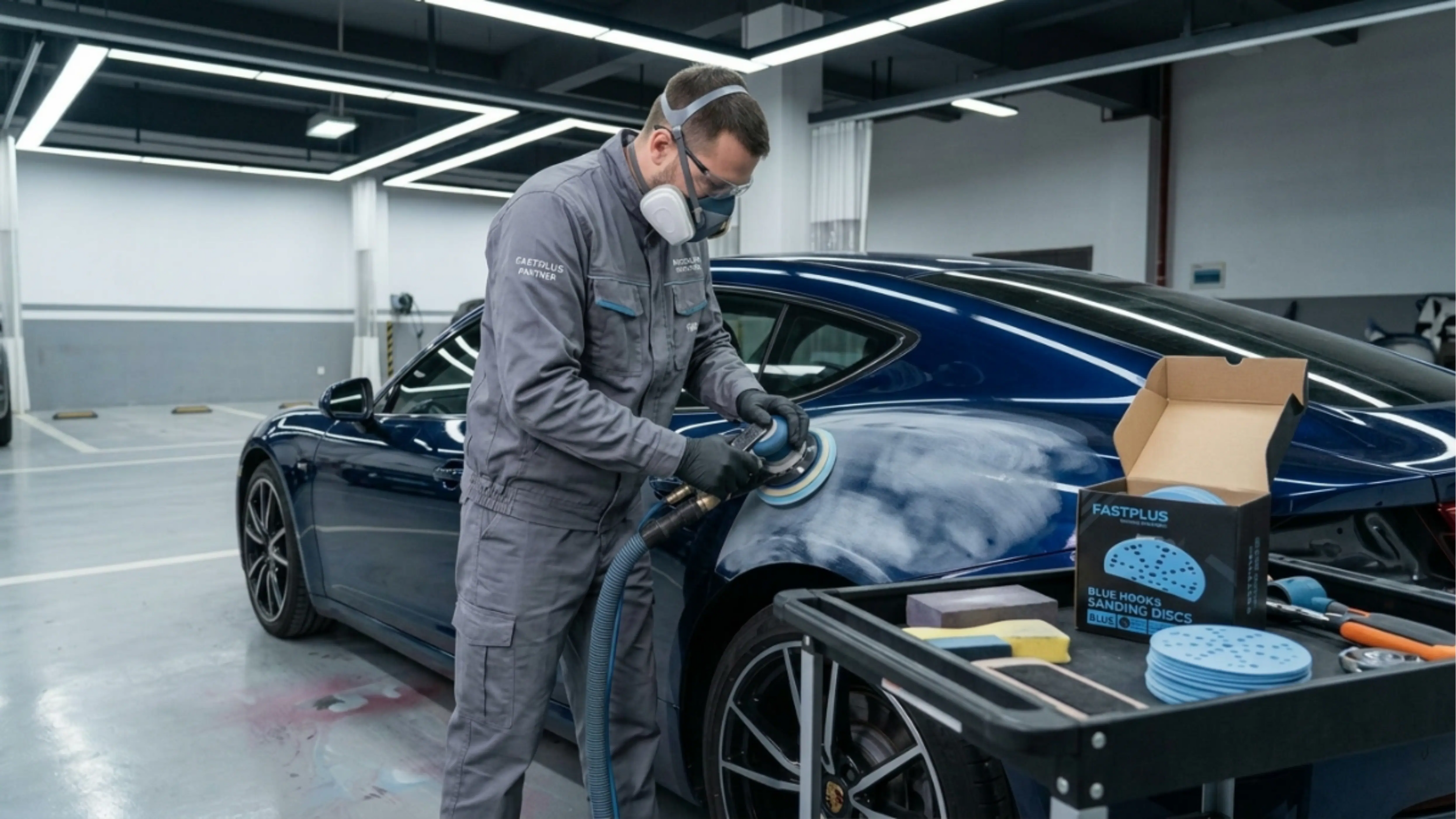 Person working on a car in a garage with orbital sander to sand car .