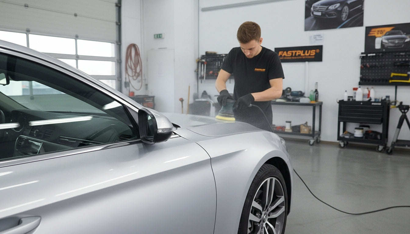 Person working on a car in a garage with 'Fastplus' branding.
