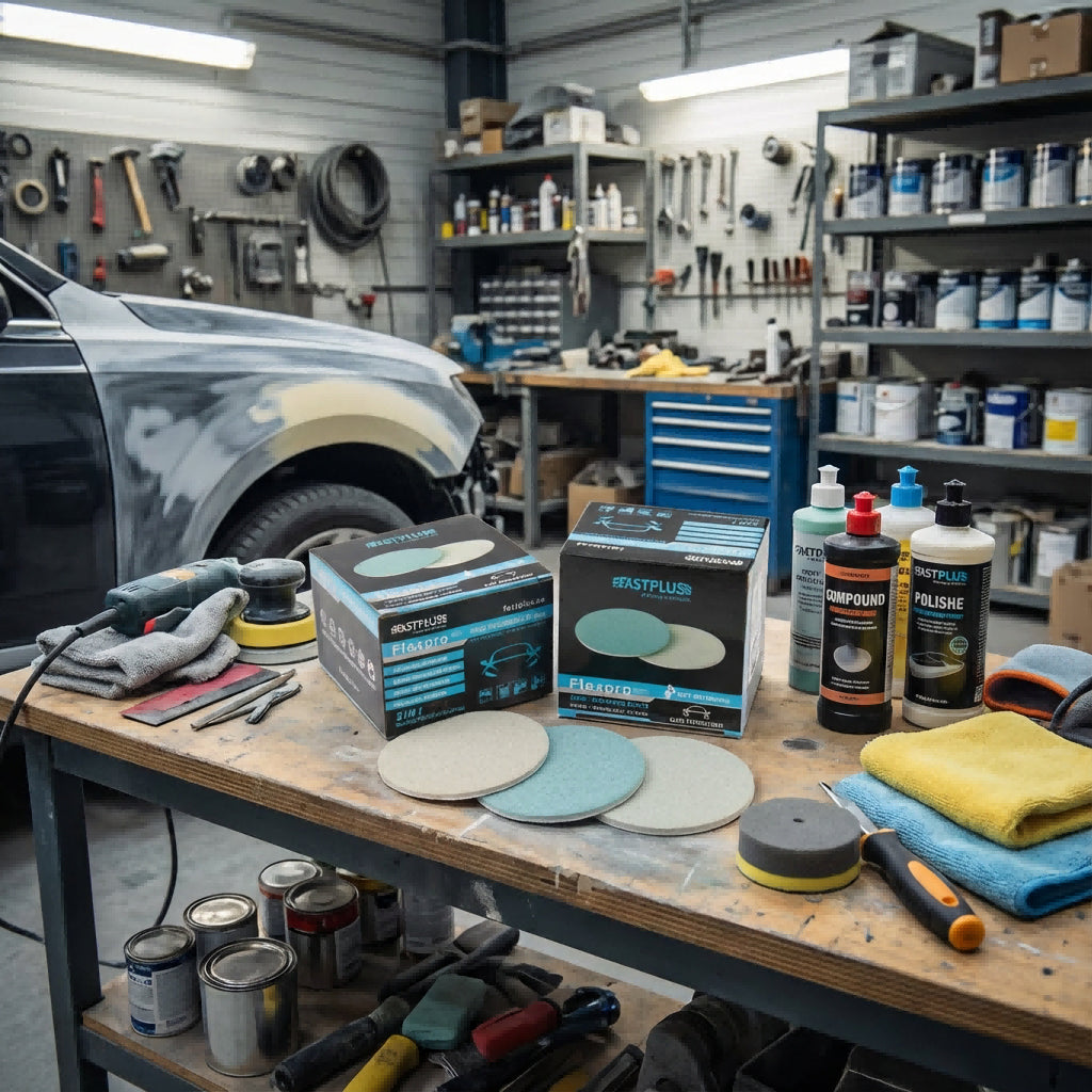 Workshop with fastplus fine finishing foam discs, car detailing products and tools on a table