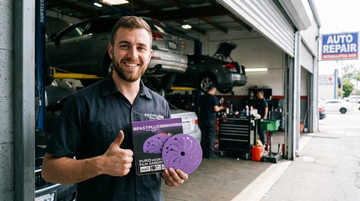 A smiling man in a dark work shirt stands in an auto repair shop holding a box and two purple polishing discs branded FASTPLUS.