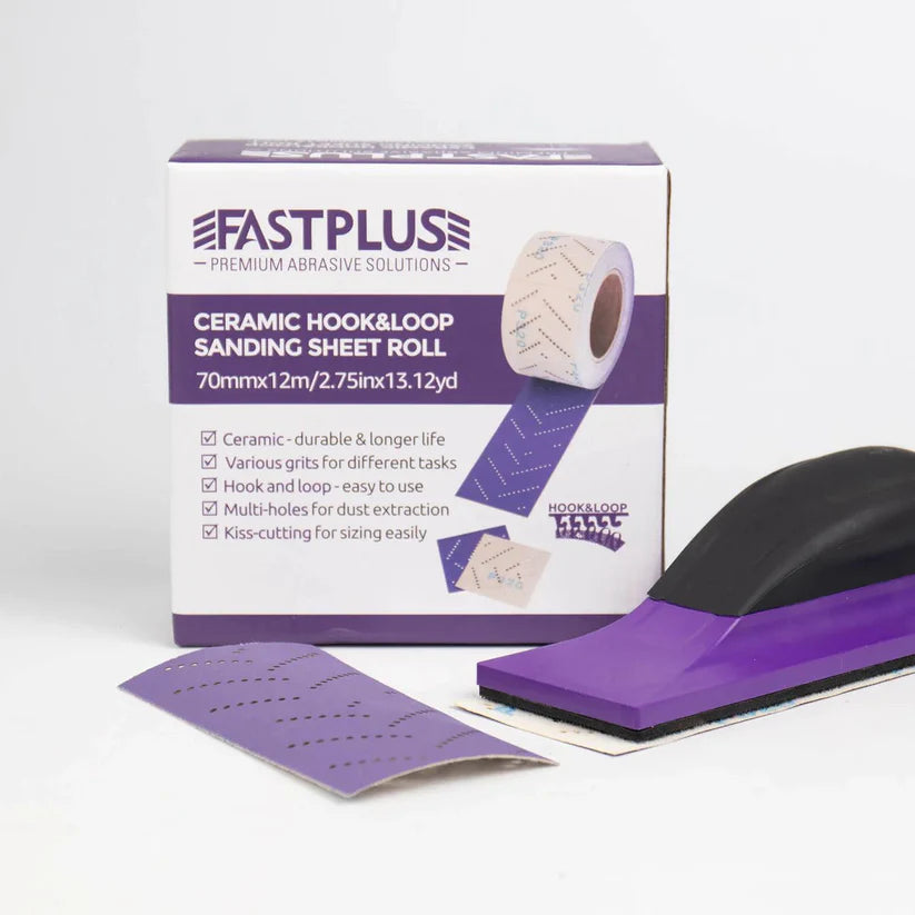 Fastplus ceramic hook&loop sanding sheet roll packaging with sanding sheet and hand sanding block on a white background