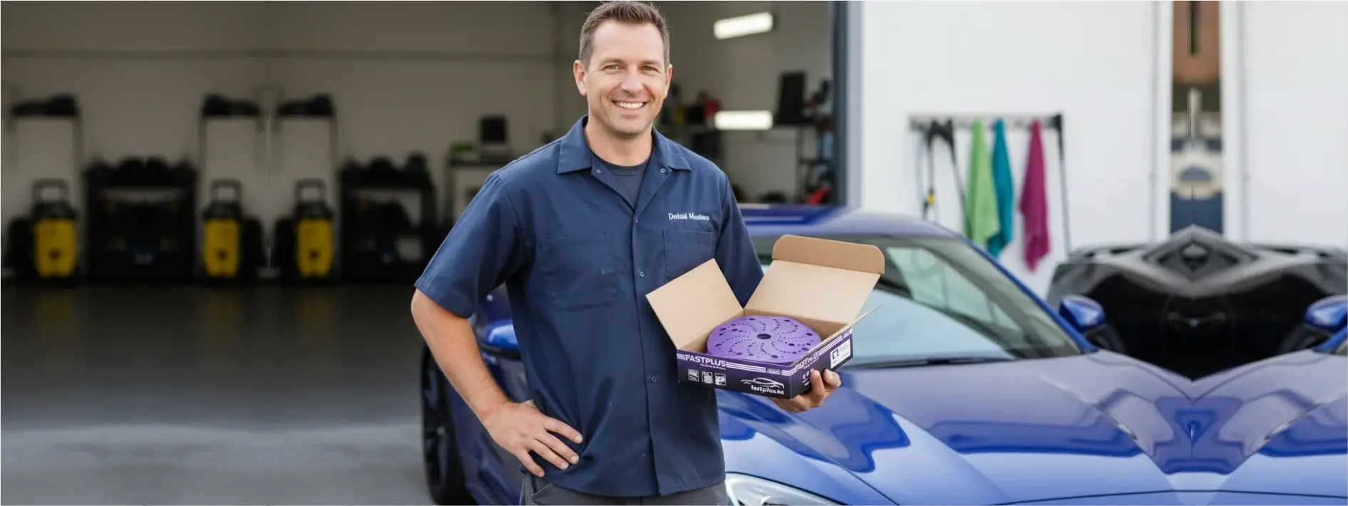 a car painter holding a box of fastplus purple film sanding discs in a car body shop