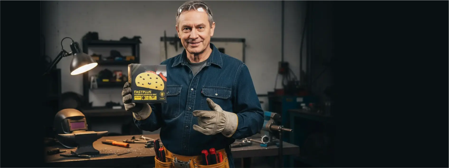 Man holding a box of fastplus yellow line sanding discs in a workshop setting