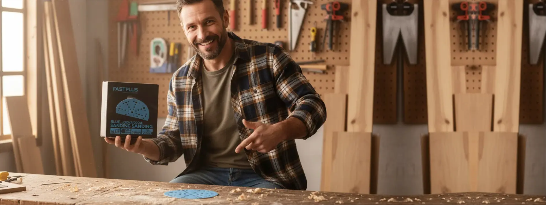 A wood worker holding a box of festool sanding discs in a wood workshop