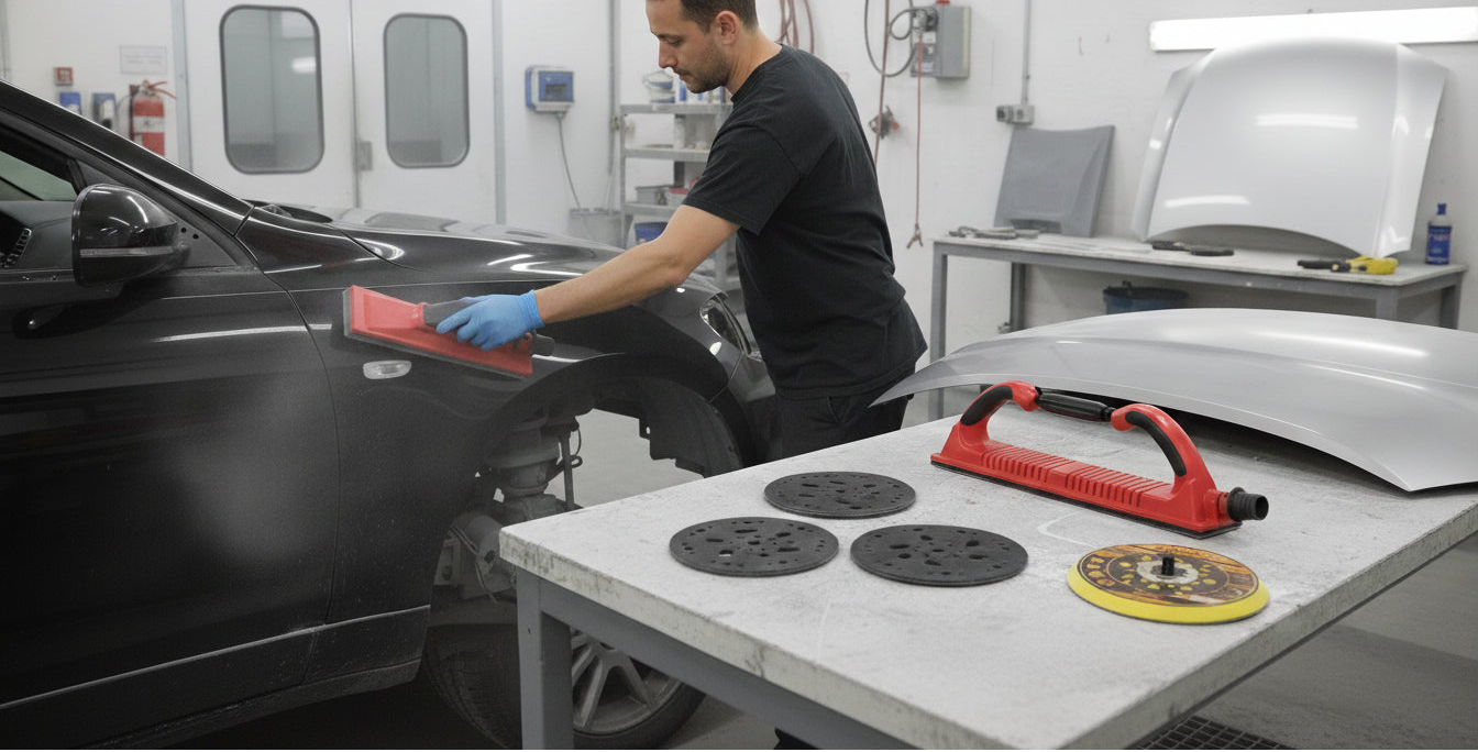 Person working on a car in a workshop with tools and equipment.