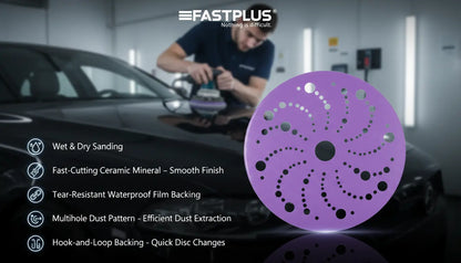Purple film sanding disc with car polishing action and FASTPLUS branding in the background