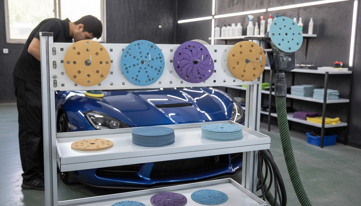 Car sanding station with color sanding discs and a car underneath in a garage setting.